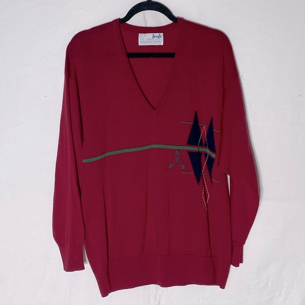 Vintage Pringle Sports Mick Faldo Red Lambswool Golf V Neck Light Knit Sweater L